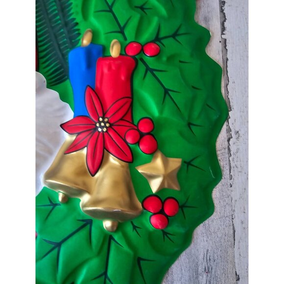 Vintage celluloid Santa hanging wreath bell molded poinsettia Xmas decor - Picture 4 of 7